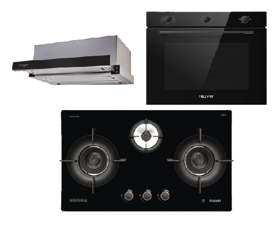 Mayer MMGH793HE 76cm 3 Burner Gas Hob + MMTH90 Telescopic Hood + MMDO8R 60 cm Built-in Oven with Smoke Ventilation
