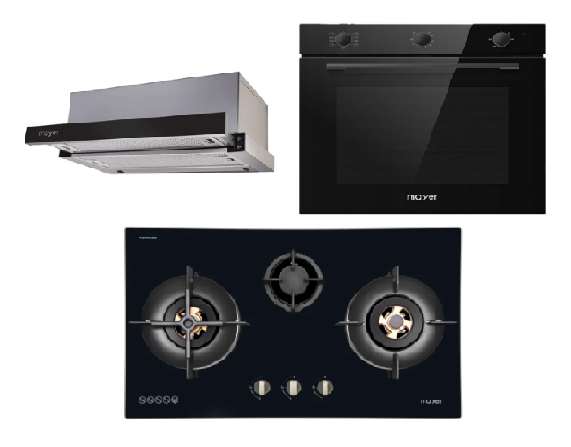 Mayer MMGH8831HI 86cm 3 Burner Glass Gas Hob + MMTH90 Telescopic Hood + MMDO8R 60 cm Built-in Oven with Smoke Ventilation