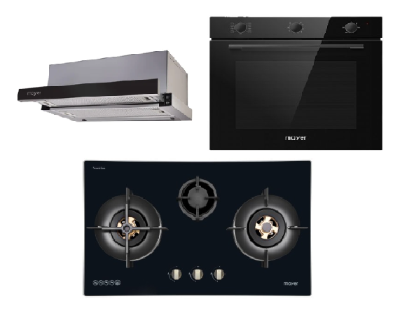 Mayer MMGH7731HI 76cm 3 Burner Glass Gas Hob + MMTH90 Telescopic Hood + MMDO8R 60 cm Built-in Oven with Smoke Ventilation