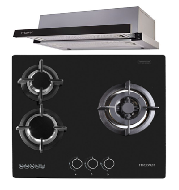 Mayer MMGH/SS633 60cm 3 Burner Glass Gas Hob + MMTH60 Telescopic Hood (60CM)