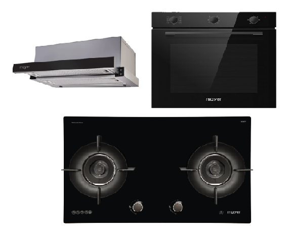 Mayer MMGH792HE 76cm 2 Burner Glass Gas Hob + MMTH90 Telescopic Hood + MMDO8R 60 cm Built-in Oven with Smoke Ventilation
