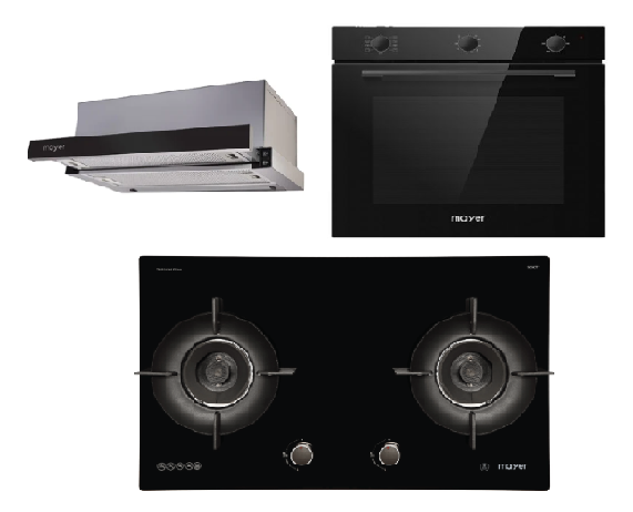 Mayer MMGH892HE 86cm 2 Burner Gas Hob + MMTH90 Telescopic Hood + MMDO8R 60 cm Built-in Oven with Smoke Ventilation