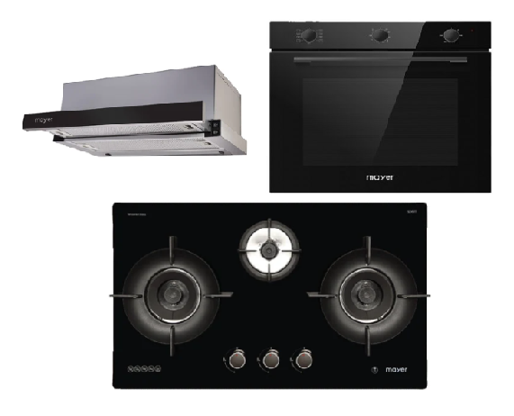 Mayer MMGH893HE 86cm 3 Burner Gas Hob + MMTH90 Telescopic Hood + MMDO8R 60 cm Built-in Oven with Smoke Ventilation