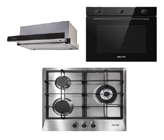 Mayer MMGH/SS633 60cm 3 Burner Glass Gas Hob +  MMTH90 Telescopic Hood + MMDO8R 60 cm Built-in Oven with Smoke Ventilation