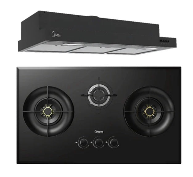 Midea Bulit-In Range MH90F26EM Hood Slim Under Cabinet Kitchen Hood + MBI-SN30 (GL) 88cm Glass Gas Hob
