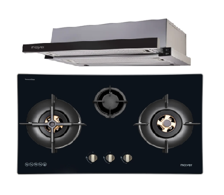 Mayer MMGH7731HI 76cm 3 Burner Glass Gas Hob + MMTH90 Telescopic Hood