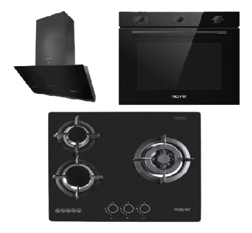 Mayer MMGH/SS633 60cm 3 Burner Glass Gas Hob + MMSH8099-L Angled Chimney Hood + MMDO8R 60 cm Built-in Oven with Smoke Ventilation