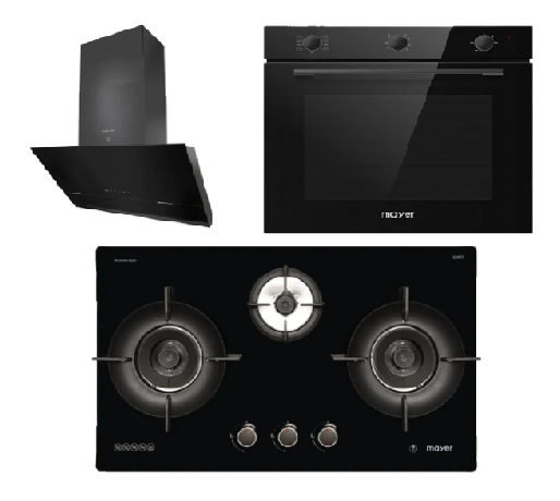 Mayer MMGH793HE 76cm 3 Burner Gas Hob + MMSH8099-L Angled Chimney Hood + MMDO8R 60 cm Built-in Oven with Smoke Ventilation