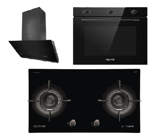 Mayer MMGH792HE 76cm 2 Burner Glass Gas Hob + MMSH8099-L Angled Chimney Hood + MMDO8R 60 cm Built-in Oven with Smoke Ventilation