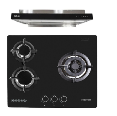 Mayer MMGH/SS633 60cm 3 Burner Glass Gas Hob + MMSI903OT Cm Semi-integrated Hood With Oil Tray