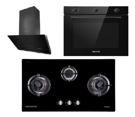 Mayer MMGH883/SS883 86cm 3 Burner Stainless Steel Gas Hob + MMSH8099-L Angled Chimney Hood + MMDO8R 60 cm Built-in Oven with Smoke Ventilation