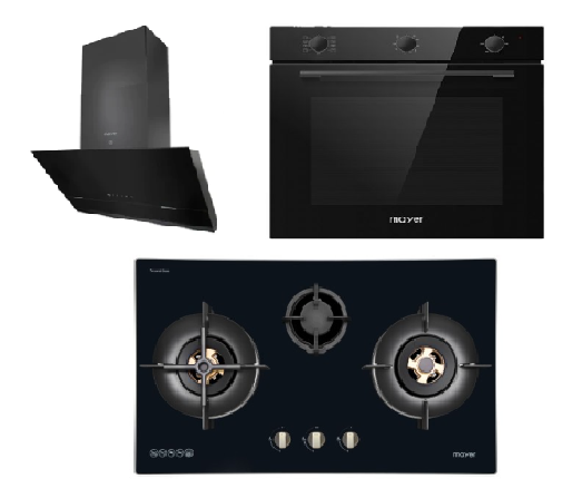Mayer MMGH7731HI 76cm 3 Burner Glass Gas Hob + MMSH8099-L Angled Chimney Hood + MMDO8R 60 cm Built-in Oven with Smoke Ventilation