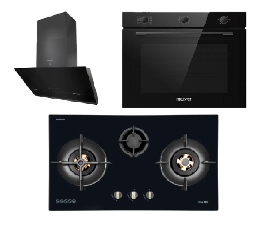Mayer MMGH8831HI 86cm 3 Burner Glass Gas Hob + MMSH8099-L Angled Chimney Hood + MMDO8R 60 cm Built-in Oven with Smoke Ventilation