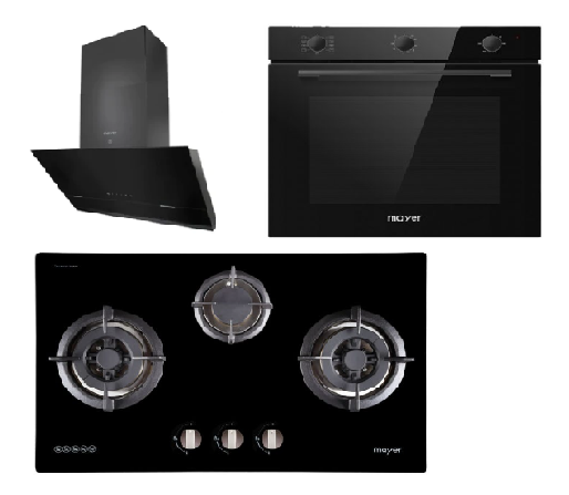 Mayer MMGH773/SS773 Built-In Gas Hob 3 Burners + MMSH8099-L Angled Chimney Hood + MMDO8R 60 cm Built-in Oven with Smoke Ventilation