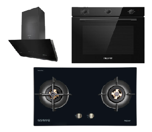 Mayer MMGH8821HI 86cm 2 Burner Glass Gas Hob + MMSH8099-L Angled Chimney Hood + MMDO8R 60 cm Built-in Oven with Smoke Ventilation