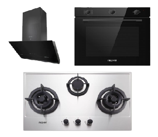 Mayer MMGH773/SS773 Built-In Gas Hob 3 Burners + MMSH8099-L Angled Chimney Hood + MMDO8R 60 cm Built-in Oven with Smoke Ventilation
