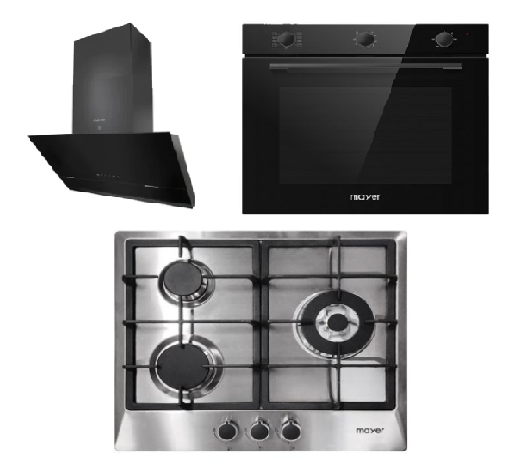 Mayer MMGH/SS633 60cm 3 Burner Glass Gas Hob + MMSH8099-L Angled Chimney Hood + MMDO8R 60 cm Built-in Oven with Smoke Ventilation