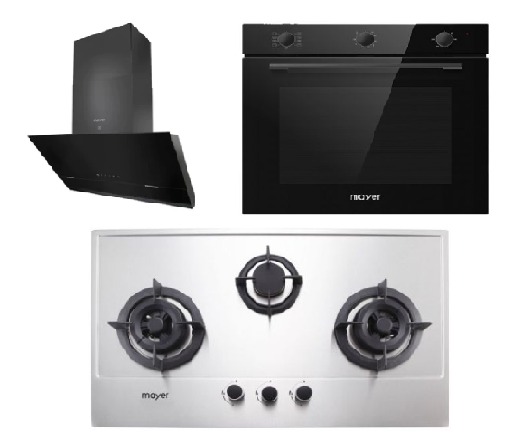 Mayer MMGH883/SS883 86cm 3 Burner Stainless Steel Gas Hob + MMSH8099-L Angled Chimney Hood + MMDO8R 60 cm Built-in Oven with Smoke Ventilation