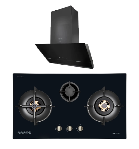 Mayer MMGH7731HI 76cm 3 Burner Glass Gas Hob + MMSH8099-L Angled Chimney Hood