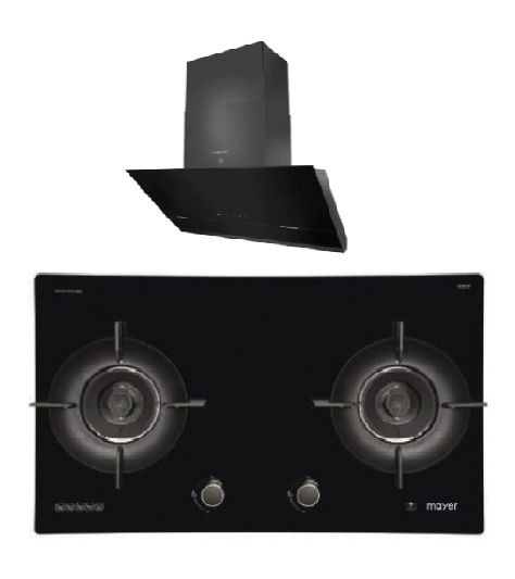 Mayer MMGH792HE 76cm 2 Burner Glass Gas Hob + MMSH8099-L Angled Chimney Hood