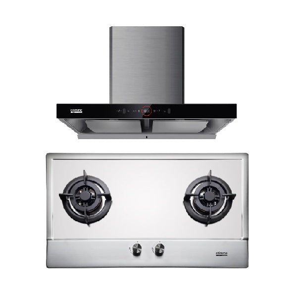 EuropAce ECH9208EBK 90cm 2000m3/h T-Shaped Chimney Hood + EuropAce EBH3280E LPG/TG 80cm Built-In Stainless Steel Gas Hob (2burner)