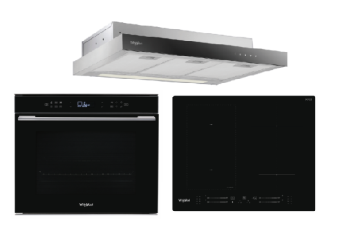 Whirlpool’s W7OM44S1PBLAUS 60cm 6TH SENSE Pyrolytic Oven + Whirlpool’s WL S7960 NE 60cm 4 Zone Built-in Induction Hob + Whirlpool’s WCO9FTS 90cm Compact Hood