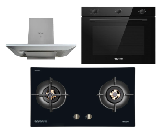 Mayer MMGH8821HI 86cm 2 Burner Glass Gas Hob + MMCH905 90cm Chimney Hood + MMDO8R 60 cm Built-in Oven with Smoke Ventilation