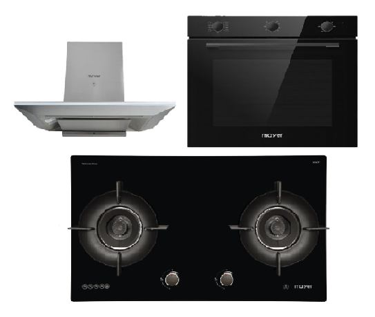 Mayer MMGH892HE 86cm 2 Burner Gas Hob + MMCH905 90cm Chimney Hood + MMDO8R 60 cm Built-in Oven with Smoke Ventilation