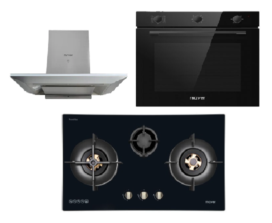 Mayer MMGH7731HI 76cm 3 Burner Glass Gas Hob + MMCH905 90cm Chimney Hood + MMDO8R 60 cm Built-in Oven with Smoke Ventilation