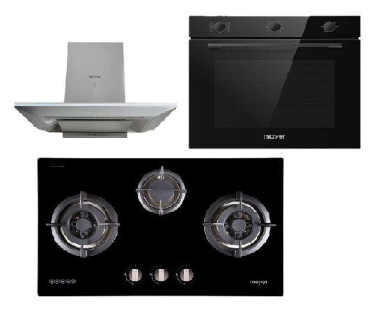 Mayer MMGH773/SS773 Built-In Gas Hob 3 Burners + MMCH905 90cm Chimney Hood + MMDO8R 60 cm Built-in Oven with Smoke Ventilation