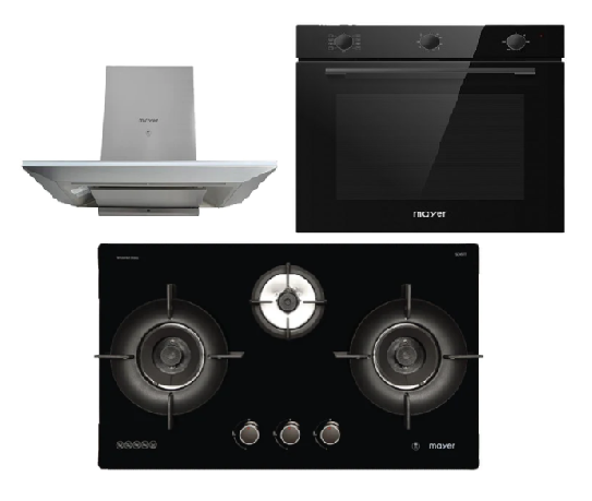 Mayer MMGH793HE 76cm 3 Burner Gas Hob + MMCH905 90cm Chimney Hood + MMDO8R 60 cm Built-in Oven with Smoke Ventilation