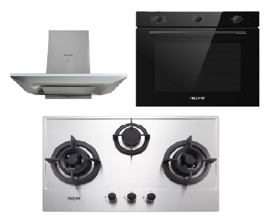 Mayer MMGH773/SS773 Built-In Gas Hob 3 Burners + MMCH905 90cm Chimney Hood + MMDO8R 60 cm Built-in Oven with Smoke Ventilation