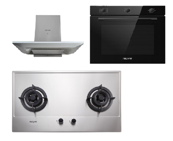 Mayer MMGH772/SS772 Built-In Gas Hob + MMCH905 90cm Chimney Hood + MMDO8R 60 cm Built-in Oven with Smoke Ventilation