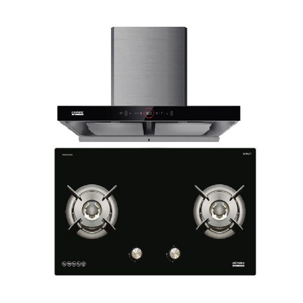 EuropAce ECH9208EBK 90cm 2000m3/h T-Shaped Chimney Hood + EuropAce EBH6281S LPG/TG 2 Burner 80cm Slim Gas Cooker Hob (Schott Glass)
