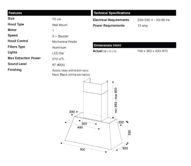 Bertazzoni KR70HER1NEDA 70cm Heritage Wall Mounted Hood