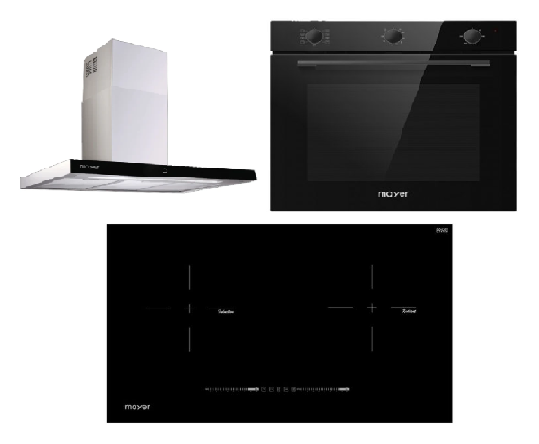 Mayer MMIHB752CS 75cm 2 Zone Hybrid Hob with Slider + MMCH407I 90cm Chimney Hood + MMDO8R 60 cm Built-in Oven with Smoke Ventilation