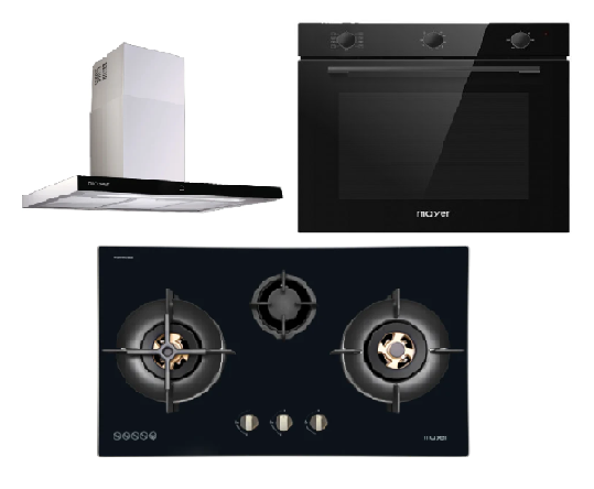 Mayer MMGH8831HI 86cm 3 Burner Glass Gas Hob + MMCH407I 90cm Chimney Hood + MMDO8R 60 cm Built-in Oven with Smoke Ventilation