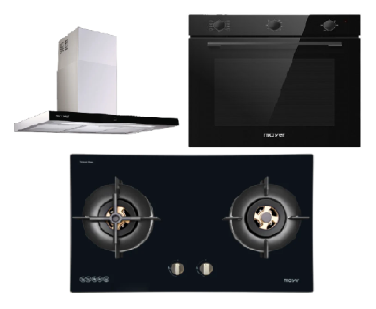 Mayer MMGH8821HI 86cm 2 Burner Glass Gas Hob + MMCH407I 90cm Chimney Hood + MMDO8R 60 cm Built-in Oven with Smoke Ventilation