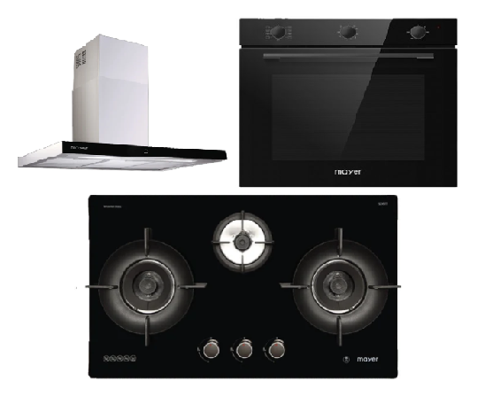 Mayer MMGH793HE 76cm 3 Burner Gas Hob + MMCH407I 90cm Chimney Hood + MMDO8R 60 cm Built-in Oven with Smoke Ventilation