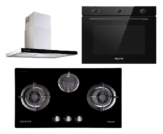 Mayer MMGH773/SS773 Built-In Gas Hob 3 Burners + MMCH407I 90cm Chimney Hood + MMDO8R 60 cm Built-in Oven with Smoke Ventilation