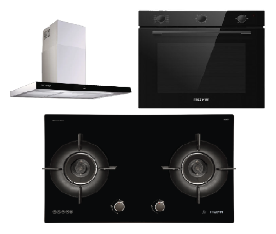 Mayer MMGH792HE 76cm 2 Burner Glass Gas Hob + MMCH407I 90cm Chimney Hood + MMDO8R 60 cm Built-in Oven with Smoke Ventilation