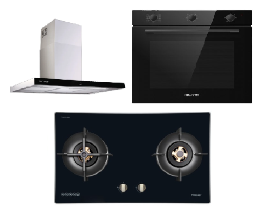 Mayer MMGH7721HI 76cm 2 Burner Glass Gas Hob + MMCH407I 90cm Chimney Hood + MMDO8R 60 cm Built-in Oven with Smoke Ventilation