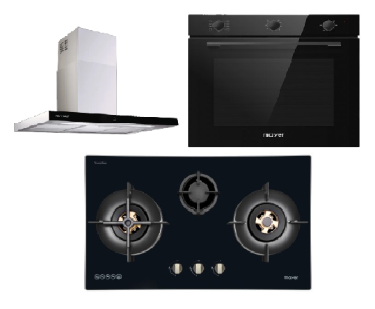 Mayer MMGH7731HI 76cm 3 Burner Glass Gas Hob + MMCH407I 90cm Chimney Hood + MMDO8R 60 cm Built-in Oven with Smoke Ventilation