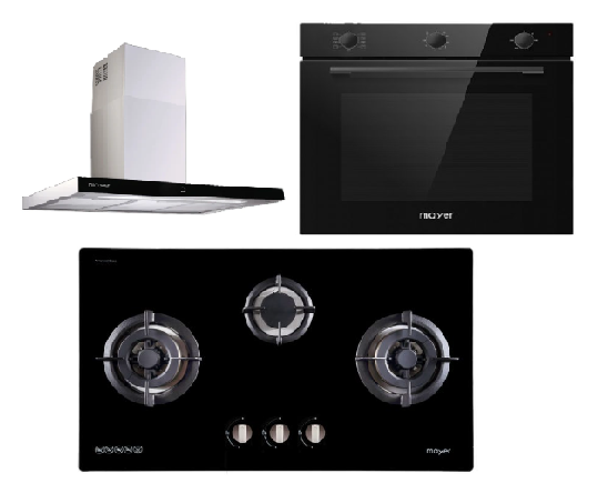 Mayer MMGH883/SS883 86cm 3 Burner Stainless Steel Gas Hob + MMCH407I 90cm Chimney Hood + MMDO8R 60 cm Built-in Oven with Smoke Ventilation
