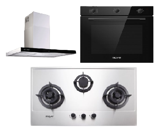 Mayer MMGH883/SS883 86cm 3 Burner Stainless Steel Gas Hob + MMCH407I 90cm Chimney Hood + MMDO8R 60 cm Built-in Oven with Smoke Ventilation