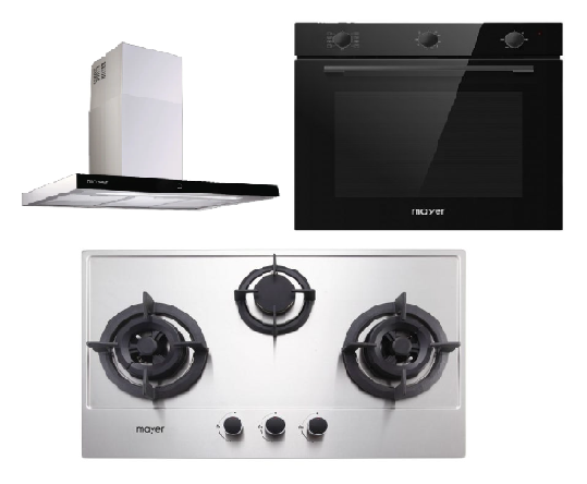 Mayer MMGH773/SS773 Built-In Gas Hob 3 Burners + MMCH407I 90cm Chimney Hood + MMDO8R 60 cm Built-in Oven with Smoke Ventilation