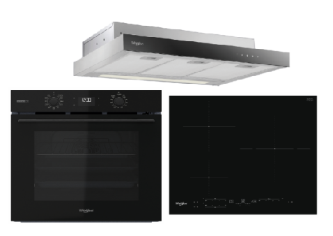 Whirlpool’s W4OMSK58RU1SBA 60cm W COLLECTION Multifunction Oven with Gentle Steam Function + Whirlpool’s WSB2360BFP 60cm Built-in Induction Hob + Whirlpool’s WCO9FTS 90cm Compact Hood