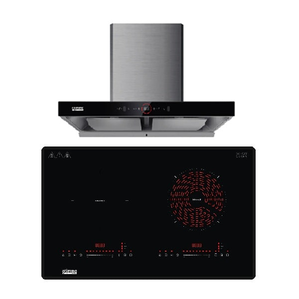 EuropAce ECH9208EBK 90cm 2000m3/h T-Shaped Chimney Hood + EIV7732V Otimmo 7 Series 73 cm 2-Burner Hybrid Hob