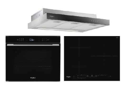 Whirlpool’s W7OM44S1PBLAUS 60cm 6TH SENSE Pyrolytic Oven + Whirlpool’s WSB2360BFP 60cm Built-in Induction Hob + Whirlpool’s WCO9FTS 90cm Compact Hood