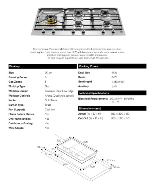 Bertazzoni PM365S0X 90cm 3-Segment 5-burner Gas Hob